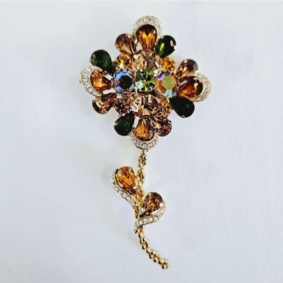 Vintage Large Rhinestone Amber Floral Flower Brooch Pin Juliana Weiss Kramer - Picture 6 of 16